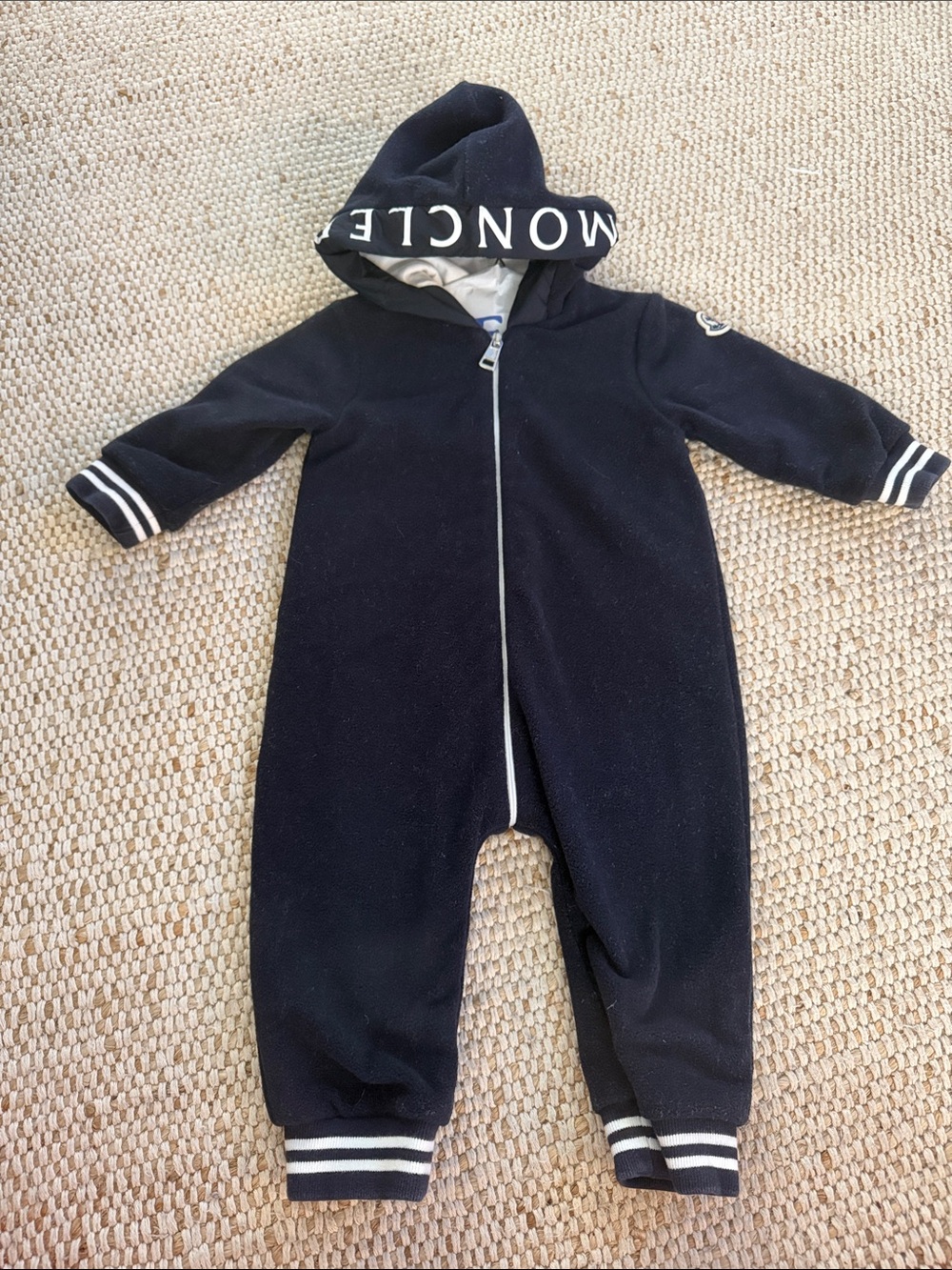 Moncler Navy One-Piece Hooded Footie with Striped Trim